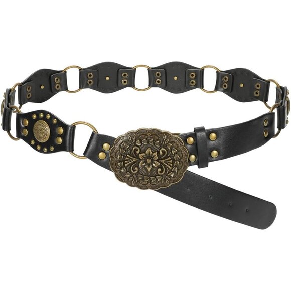 Women\'s Vintage Cowgirl Rivets Belt Western Leather Belts A-Black Style Dress main image 6